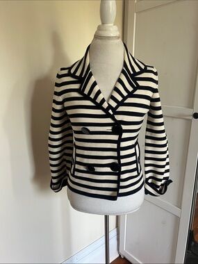 J.Crew Striped Double Breasted Navy Blue Ivory Knit Sweater Blazer Jacket XS